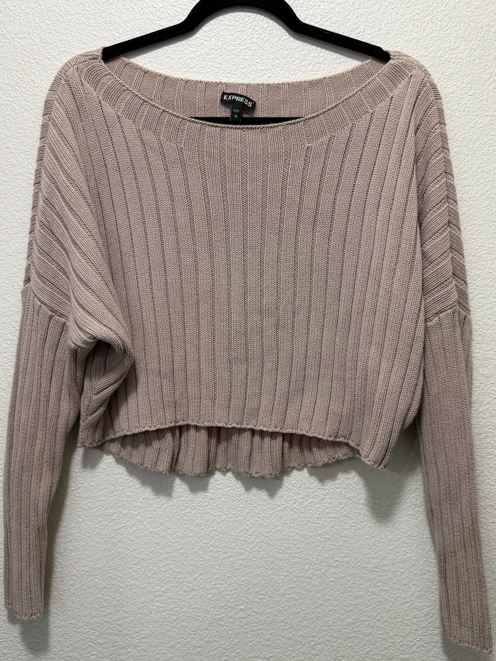 Express beige long sleeve cropped rib knit sweater, Large